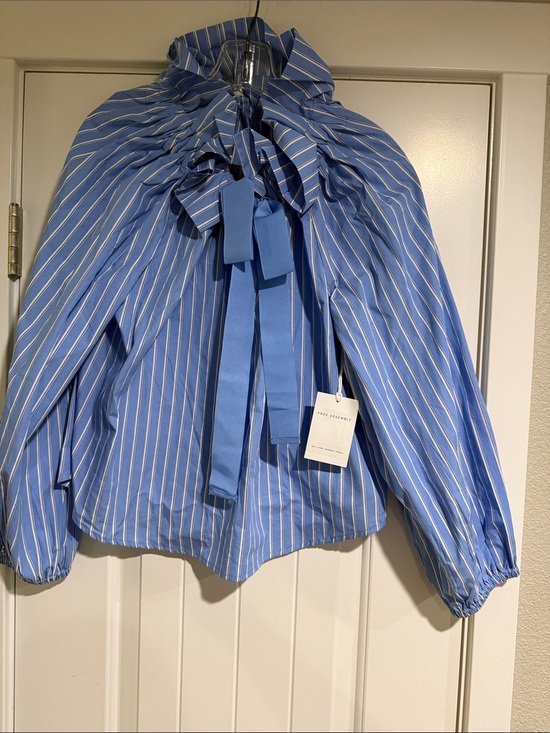 Free Assembly Tops - Blue Striped Bow-Tie Blouse